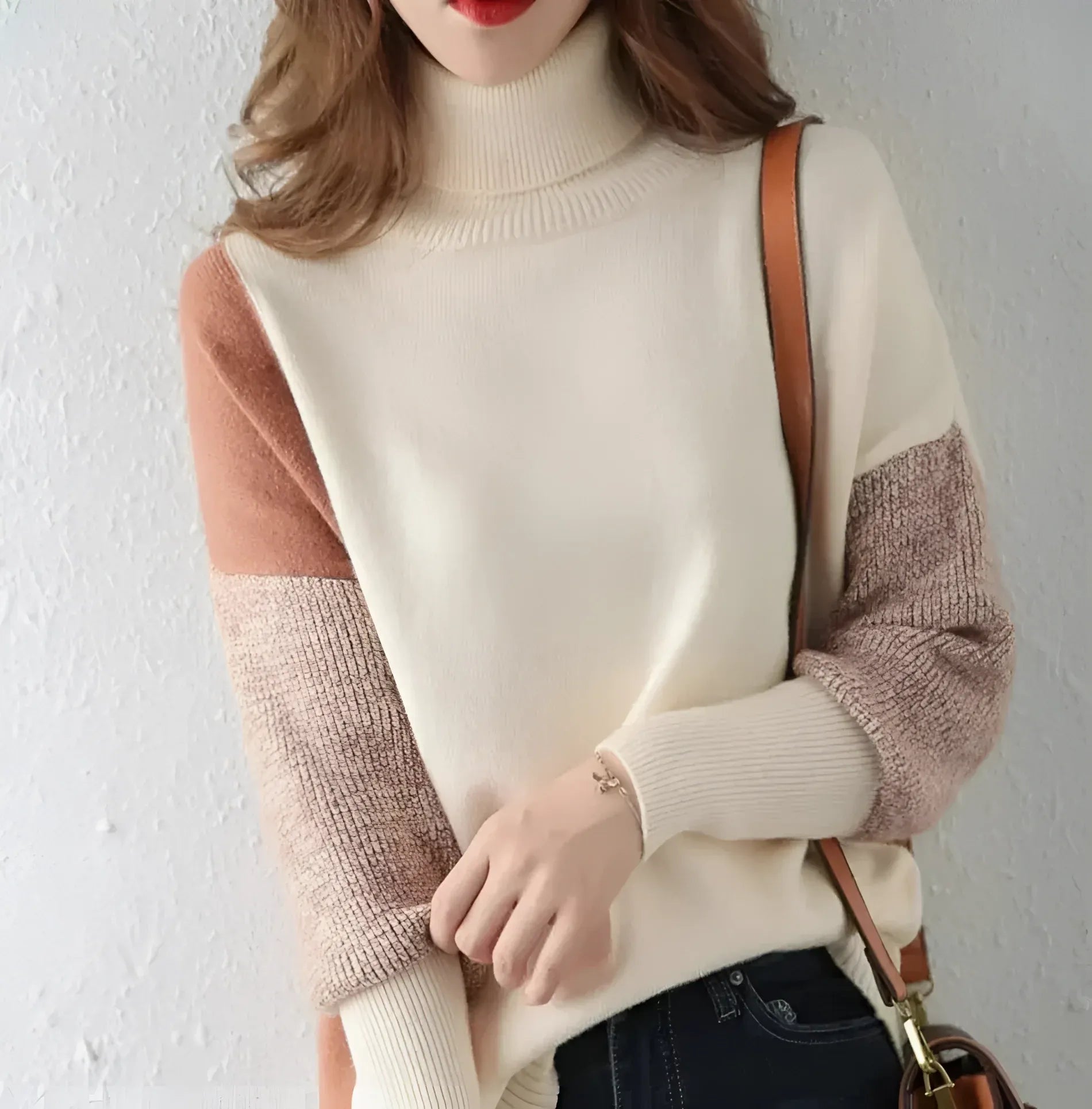 Women’s Turtleneck Sweatshirt – Wool Blend – Relaxed Fit – Asymmetrical Two-Tone Design
