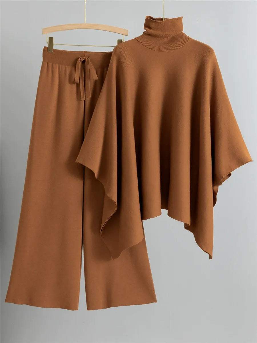 Women’s Two-Piece Knit Lounge Set – High Neck Cape Top – Wide-Leg Trousers – Relaxed Fit