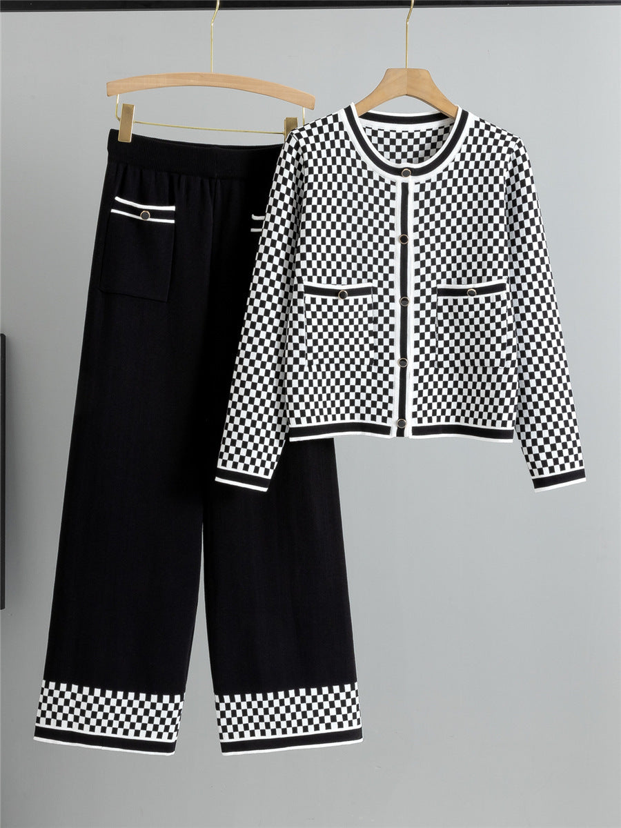 Ladies 2 Piece Knit Suit with High Waist Pants - OutfitLondon