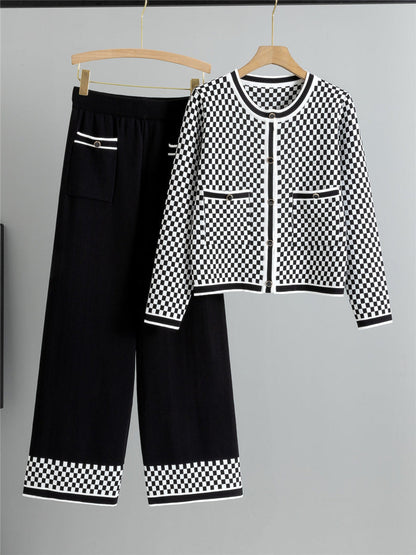 Ladies 2 Piece Knit Suit with High Waist Pants - OutfitLondon