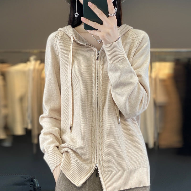 Cozy Women's Cable Knit Hooded Sweatshirt - OutfitLondon