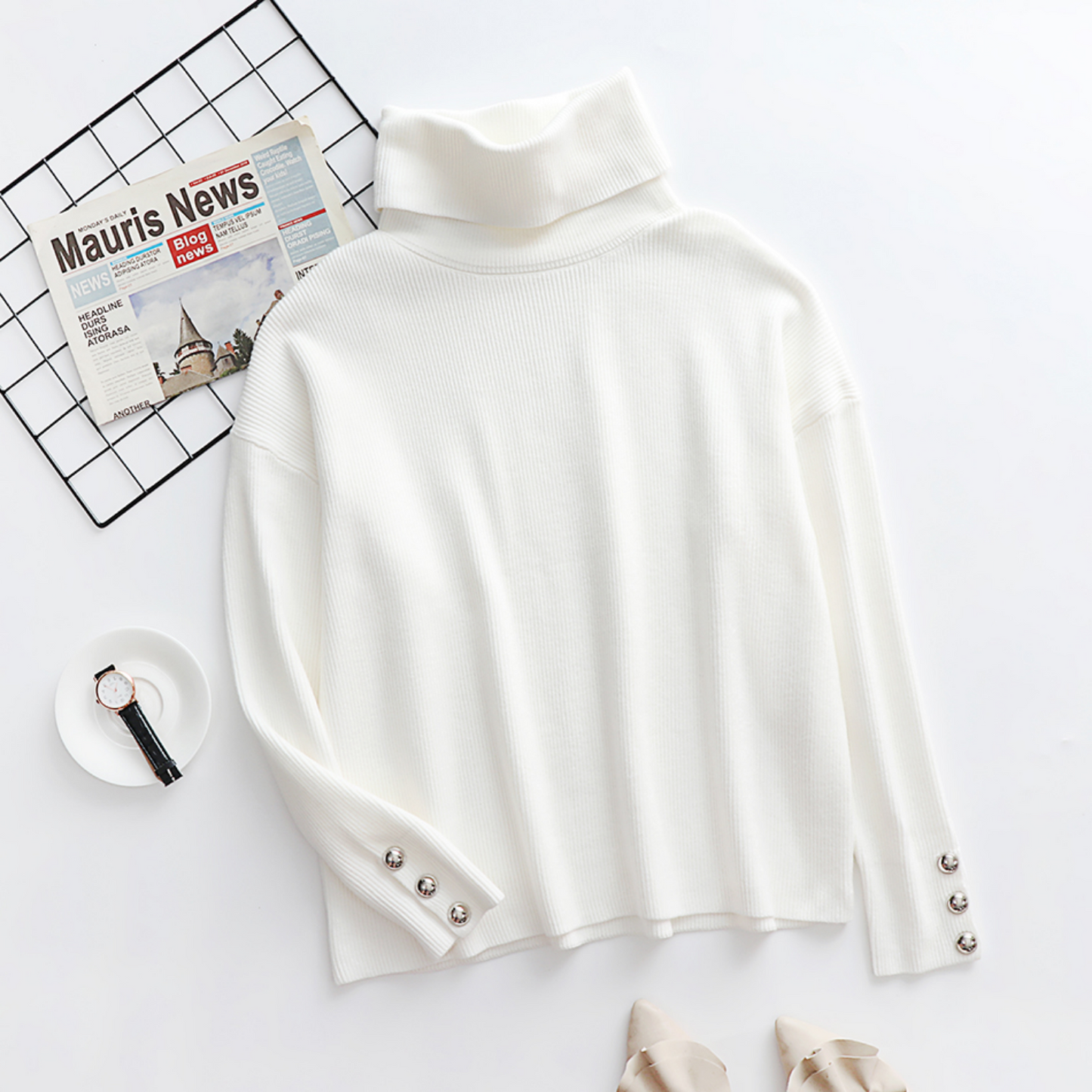 Cozy Women's Crew Neck Jumper Soft Grey Button Detail