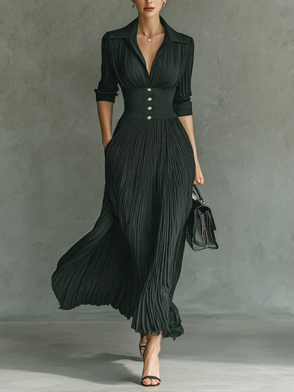 Elegant V Neck Maxi Dress with Fitted Waist - OutfitLondon