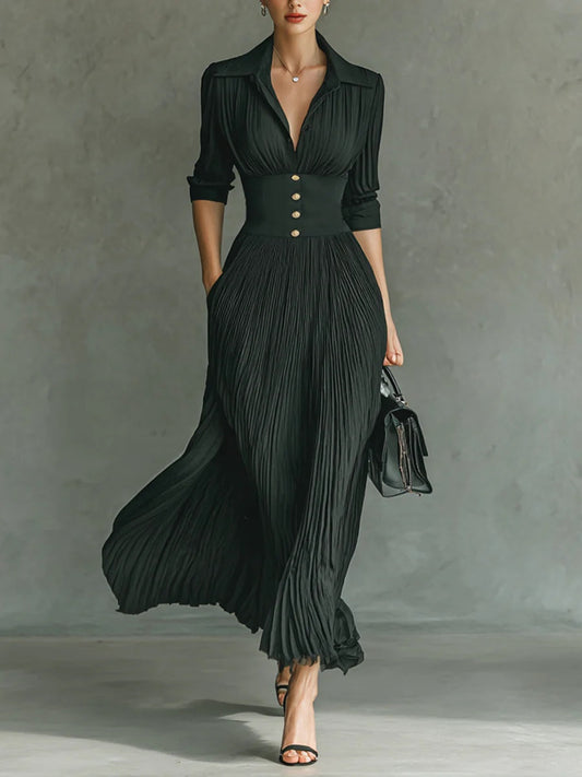 Elegant V Neck Maxi Dress with Fitted Waist - OutfitLondon