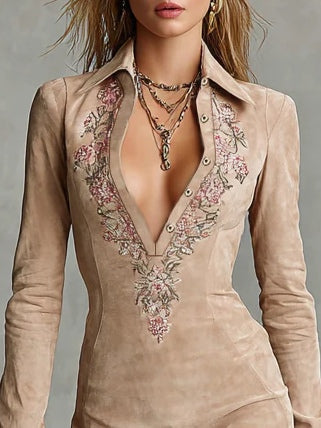 Elegant Tan Suede Floral Midi Dress for Women
