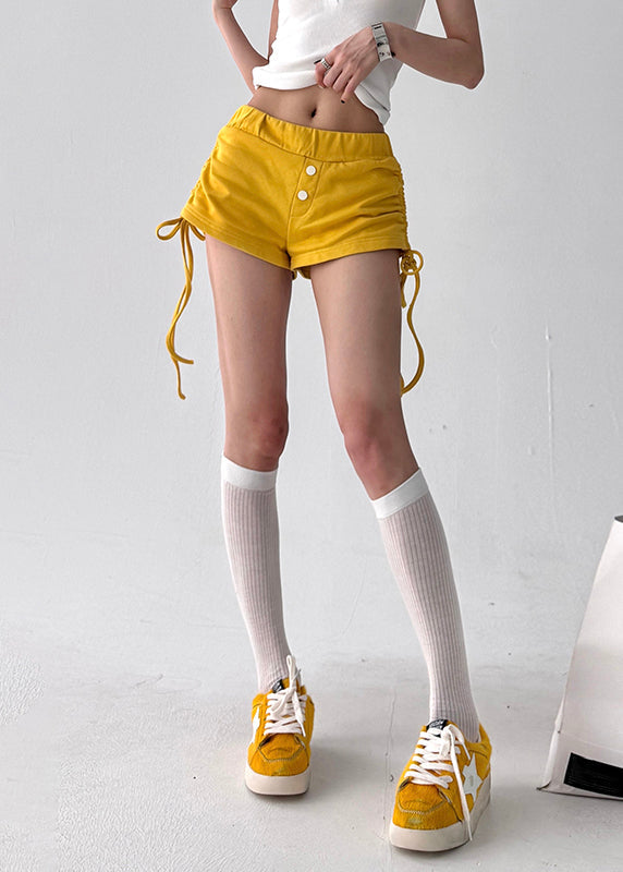Women's Cotton Shorts Elastic Waist Yellow Lightweight - OutfitLondon