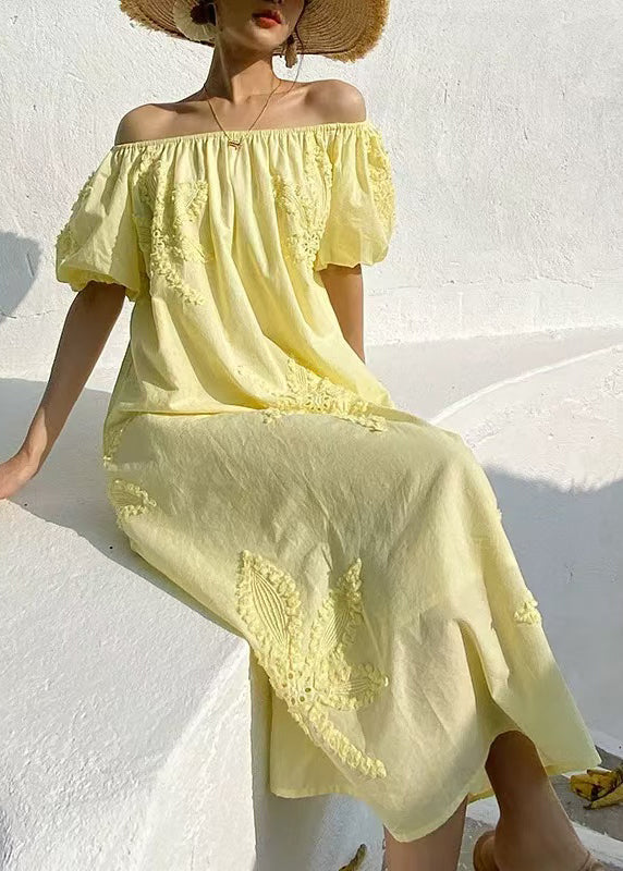Women's Cotton Long Dress Breathable Yellow Embroidered - OutfitLondon