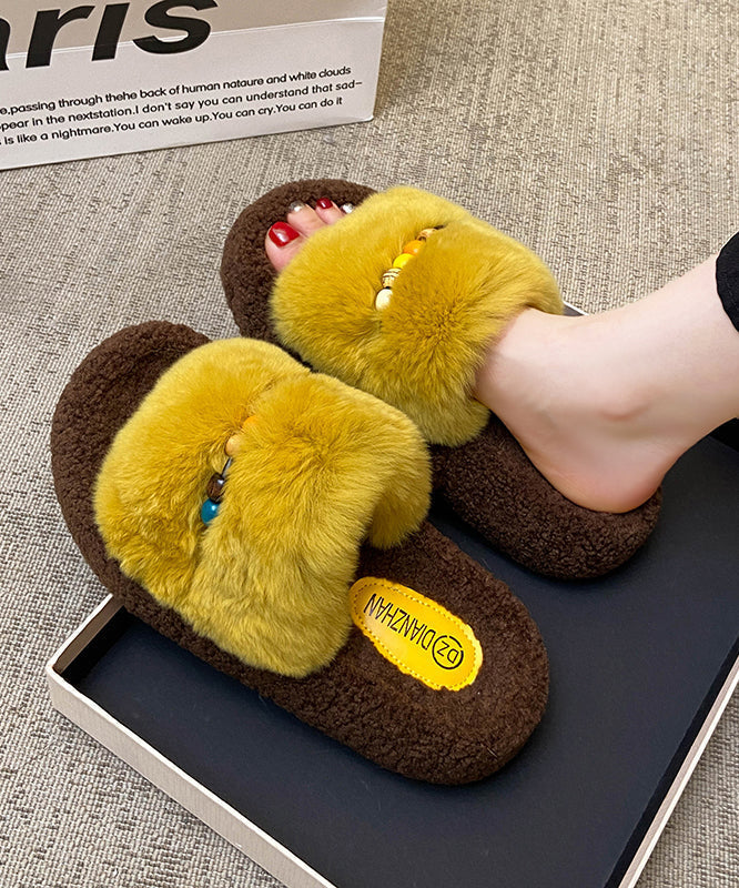 Women's Yellow Plush Fur Open Toe Slippers - OutfitLondon