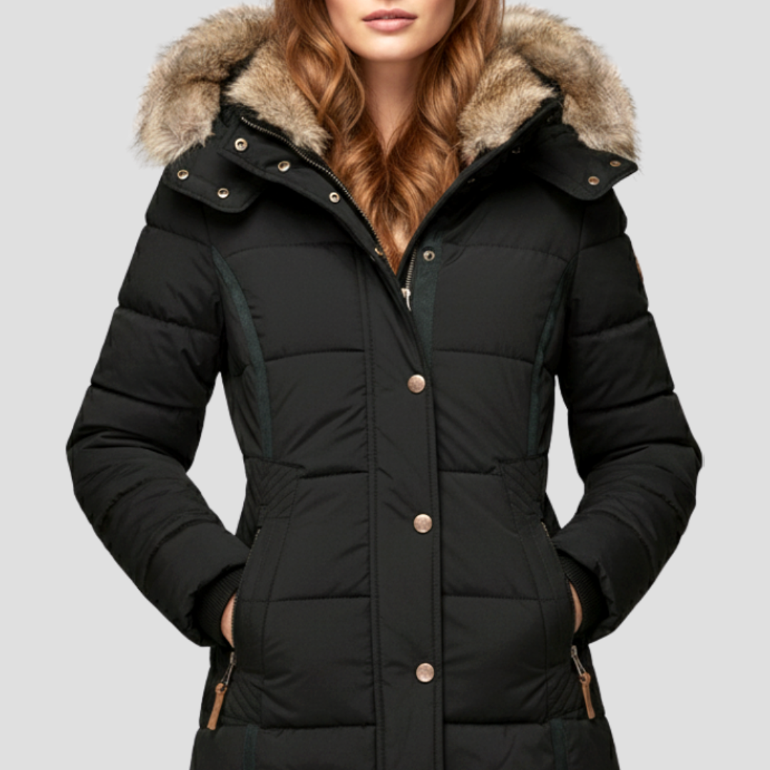 Warm Women's Down Puffer Jacket with Faux Fur Hood - OutfitLondon