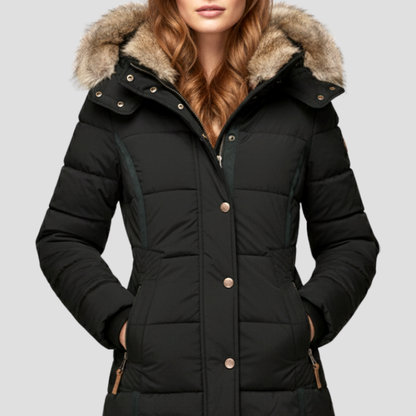Warm Women's Down Puffer Jacket with Faux Fur Hood - OutfitLondon