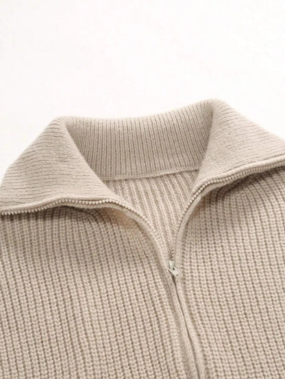 Cozy Zip Up Cardigan - Soft Knit Ribbed Detail