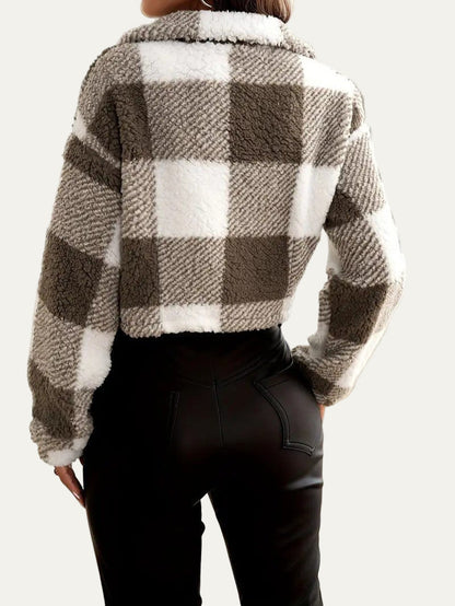 Soft Warm Plaid Crop Fleece Jacket