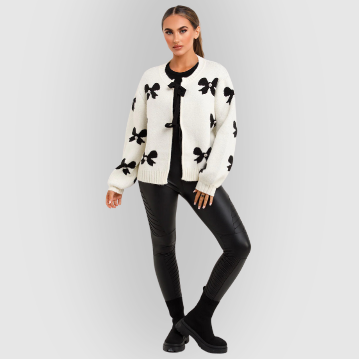Soft Women's Cable Knit Sweater with Ribbon - OutfitLondon