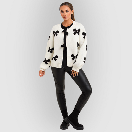 Soft Women's Cable Knit Sweater with Ribbon - OutfitLondon
