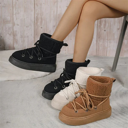 Warm Women's Fuzzy Winter Boots - Lace Up Design