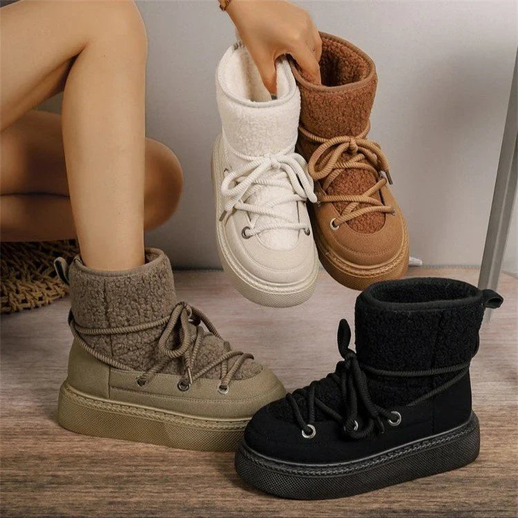 Warm Women's Fuzzy Winter Boots - Lace Up Design