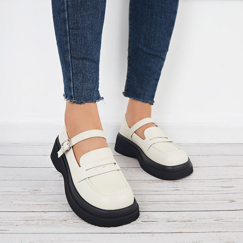 Round Toe Platform Mary Jane Loafers Buckle Strap Uniform Shoes