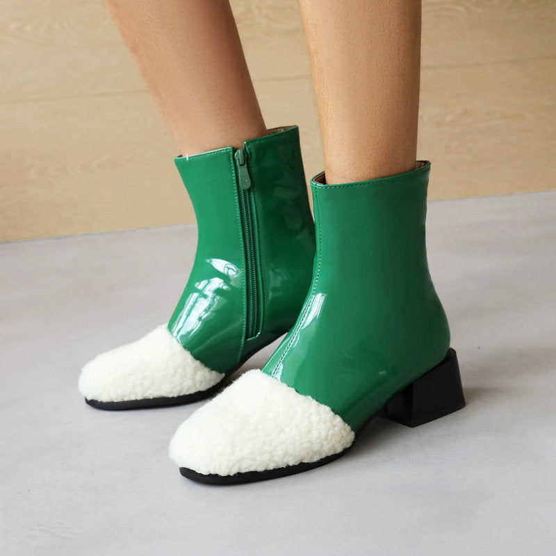 Winter Leather Waterproof Ankle Boots Block Heel Warm Snow Booties