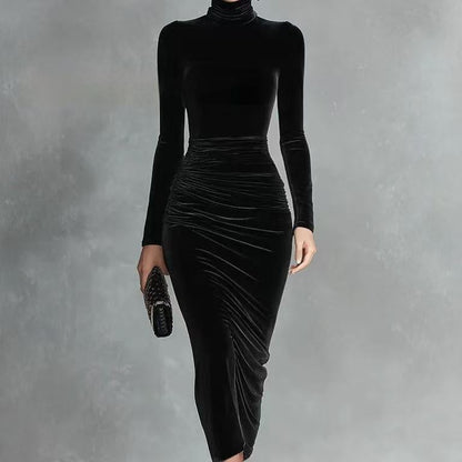 Elegant Black Bodycon Velvet Dress
