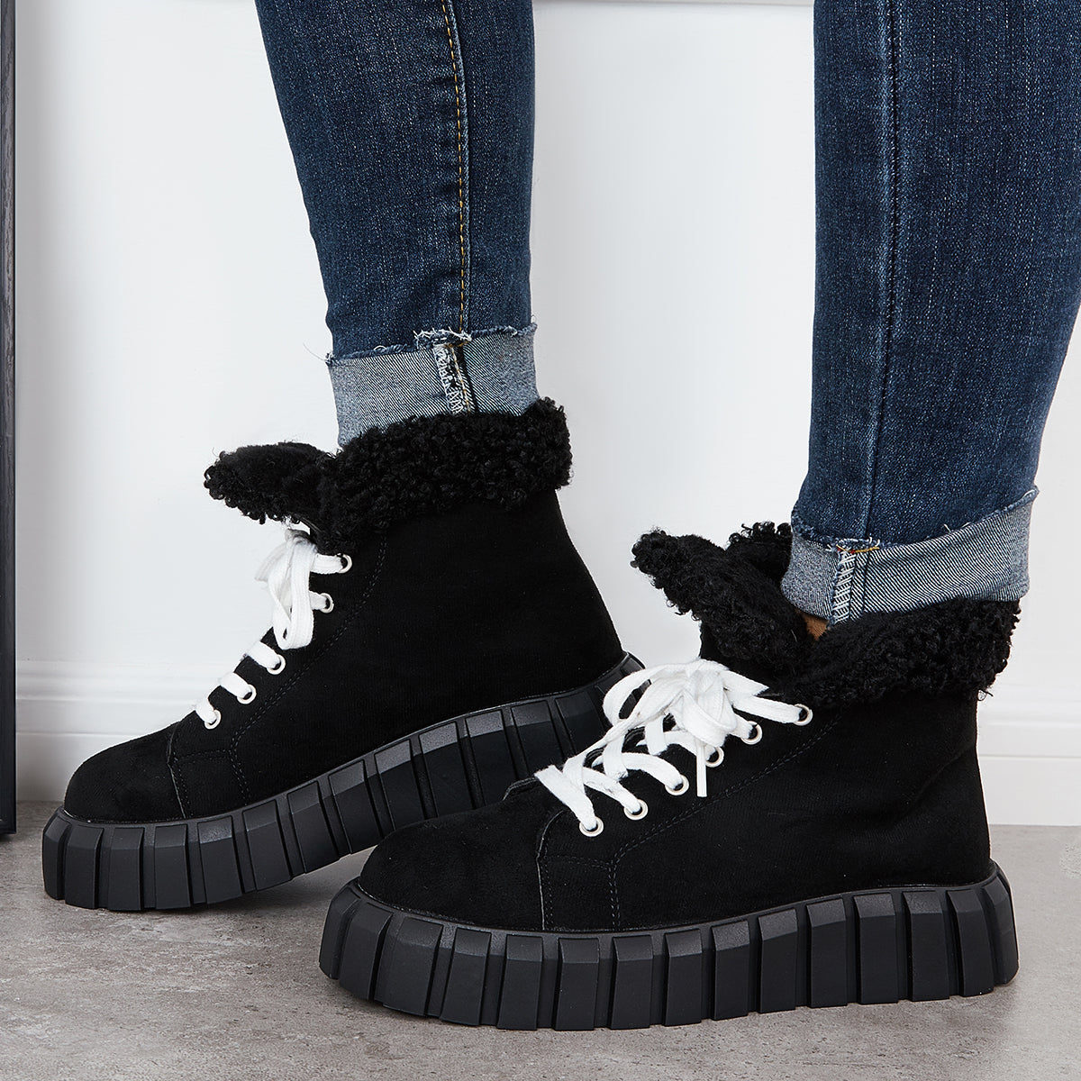 Lace Up Platform Warm Faux Fur Lined Booties Sneakers Boots