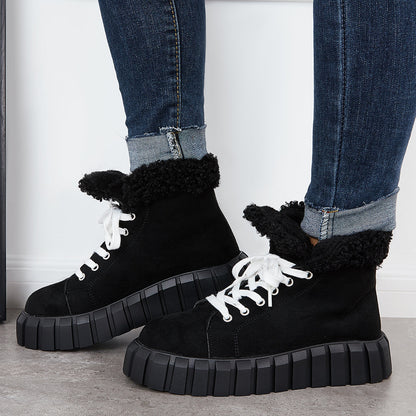 Lace Up Platform Warm Faux Fur Lined Booties Sneakers Boots