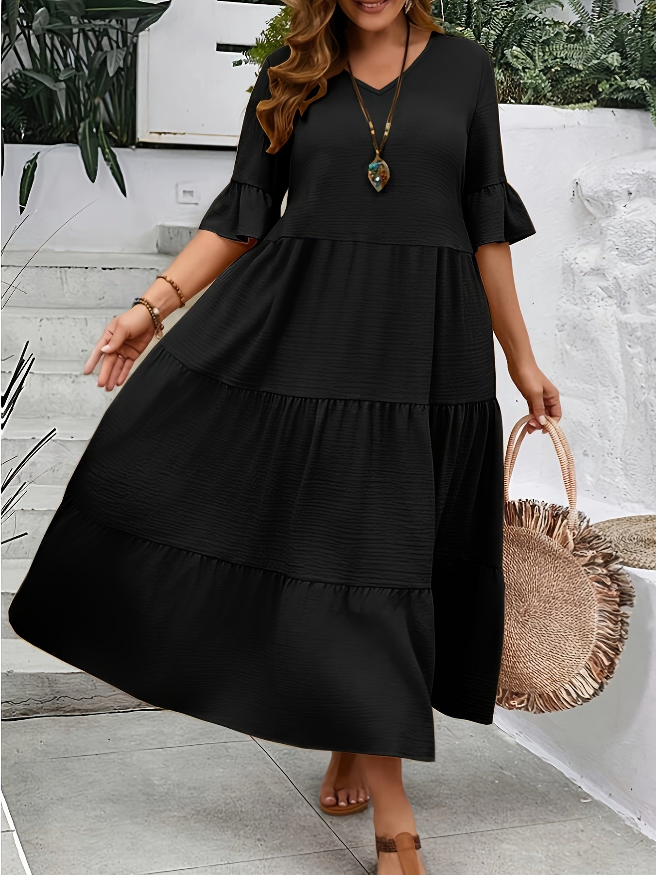 Comfortable Large V Neck Ladies Dress