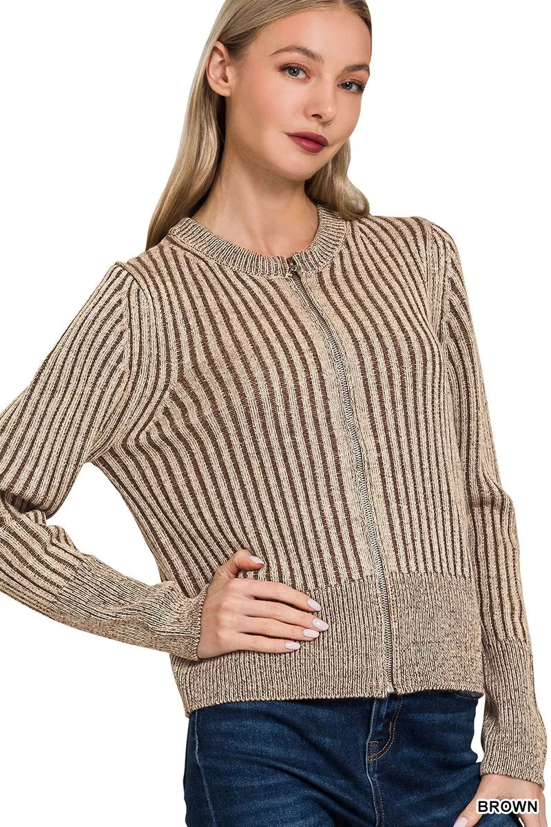 Two Tone Zip Up Knit Cardigan Sweater - OutfitLondon