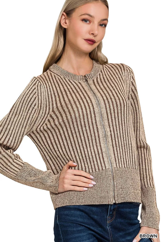 Two Tone Zip Up Knit Cardigan Sweater - OutfitLondon