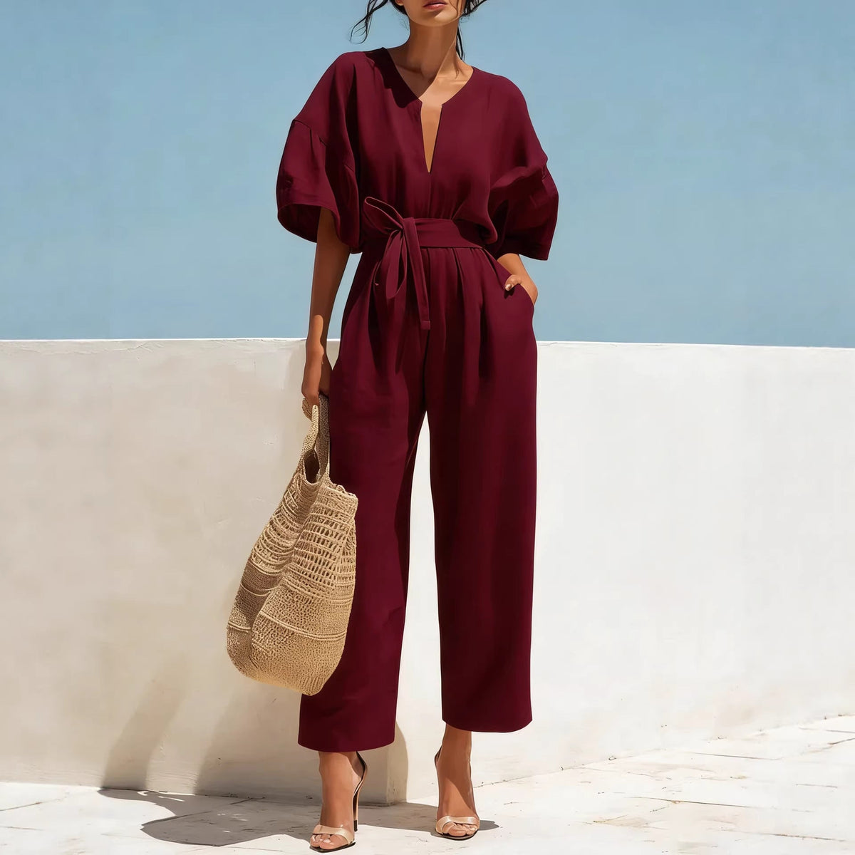 Women's Classic V-Neck Solid Color Jumpsuit