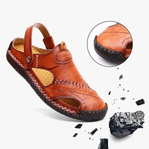 Men's Summer Hand Stitching Soft Outdoor Closed Toe Leather Beach Sandals Slippers