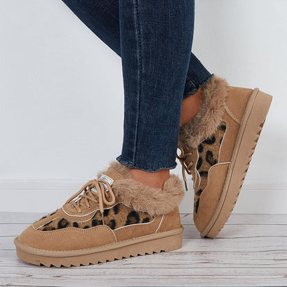 Leopard Lace Up Warm Flats Snow Boots Faux Fur Lined Loafer Shoes