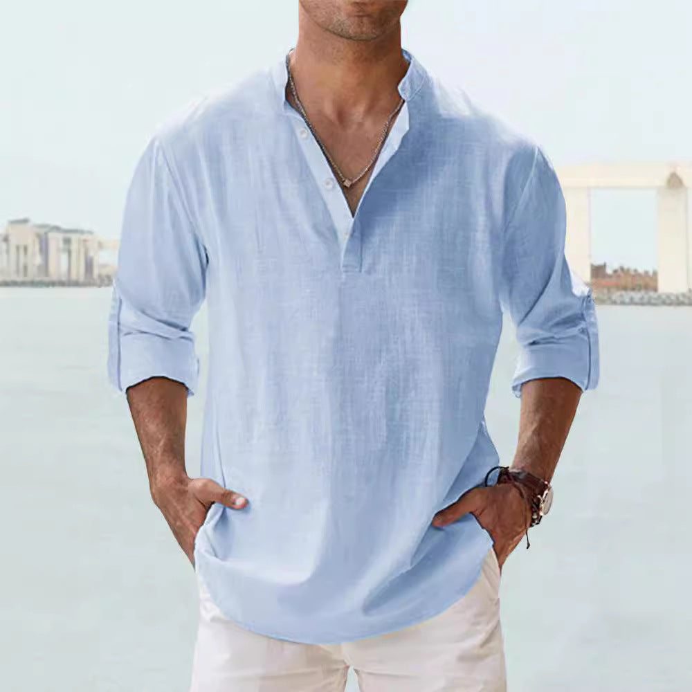 Men's Casual Cotton Long Sleeve T-Shirt with Stand-Up Collar