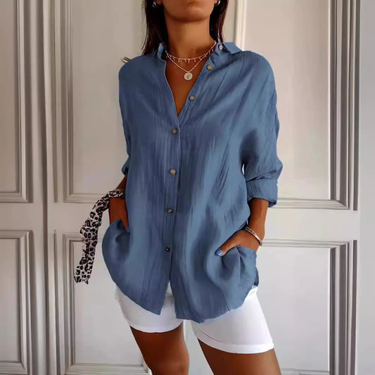 Women's Classic Pleated Cotton Long Sleeve Shirt