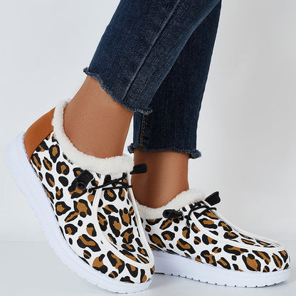 Leopard Winter Warm Flats Plush Faux Fur Lined Non Slip Boots