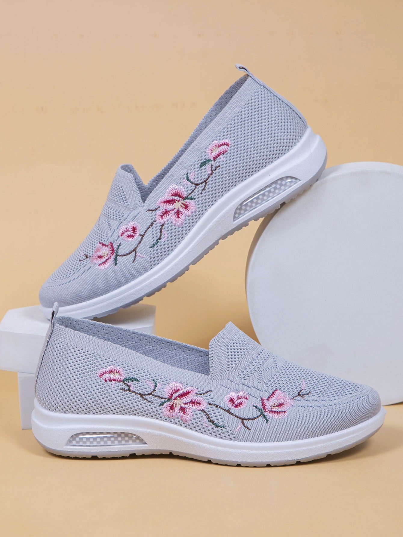 Sporty Sneakers For Women, Floral Embroidered Slip On Rocking Shoes