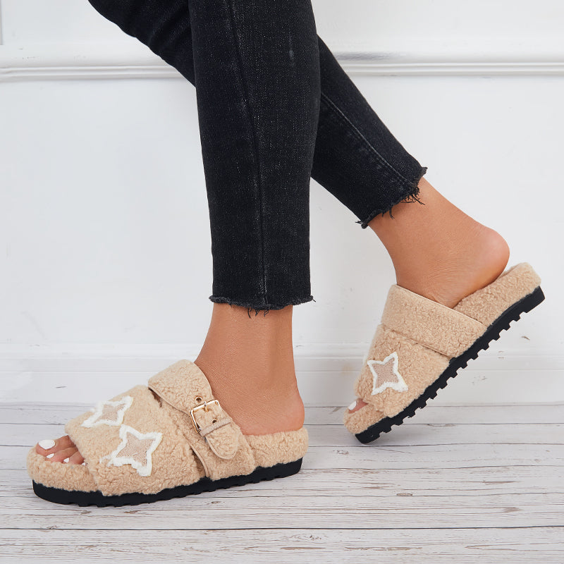 Open Toe Fluffy Slippers Faux Fur Lining Soft Footbed Shoes