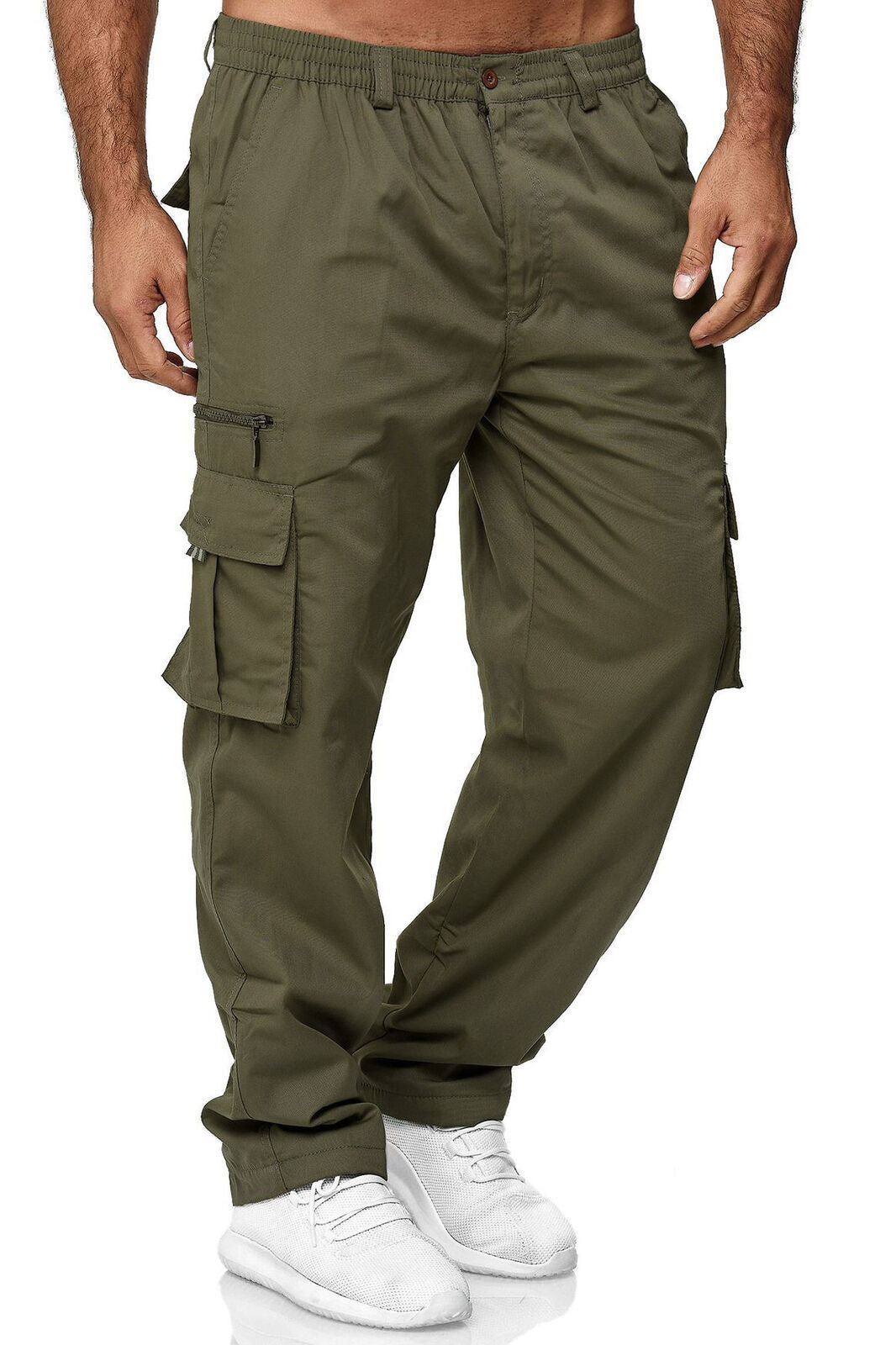 Men's Cargo Pants Elastic Waist Multiple Pockets Full Length Pants Outdoor Sports Casual