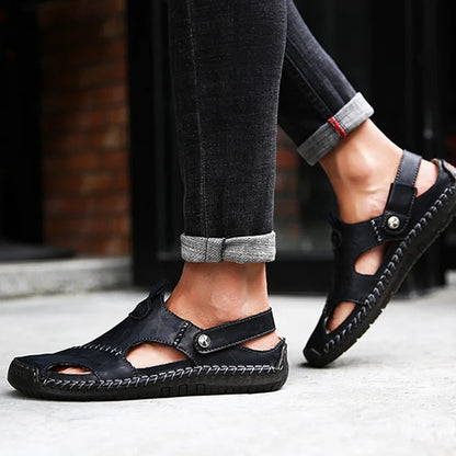 Men's Summer Hand Stitching Soft Outdoor Closed Toe Leather Beach Sandals Slippers