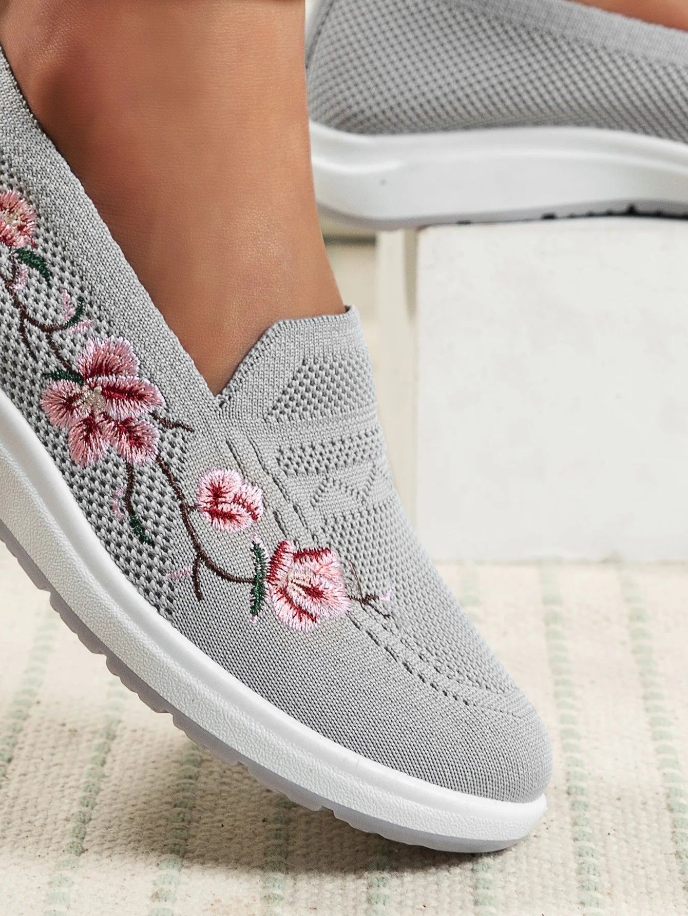 Sporty Sneakers For Women, Floral Embroidered Slip On Rocking Shoes