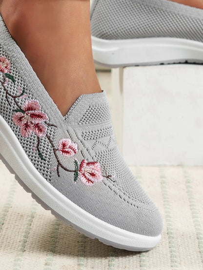 Sporty Sneakers For Women, Floral Embroidered Slip On Rocking Shoes