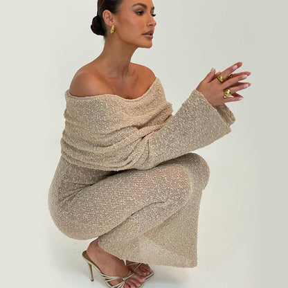 Women's Elegant Knitted Off-Shoulder Long Sleeve Dress