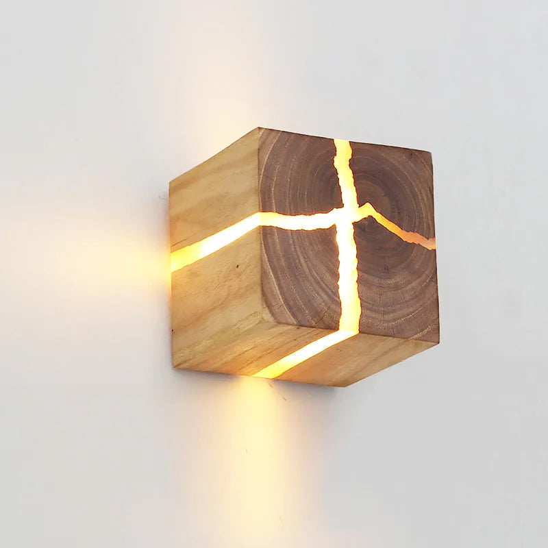 Natural Wooden Square Wall Lamp