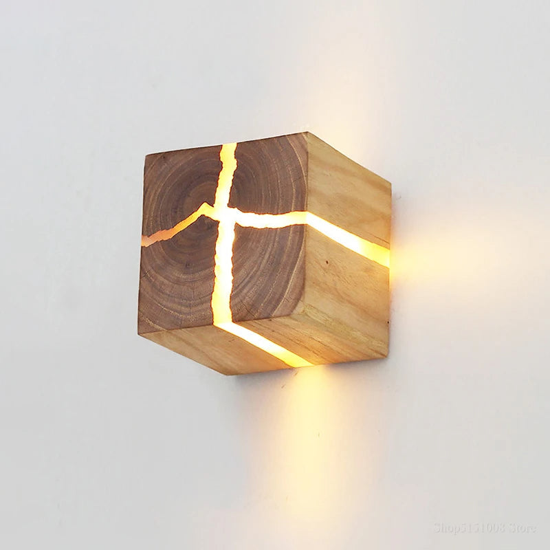 Natural Wooden Square Wall Lamp