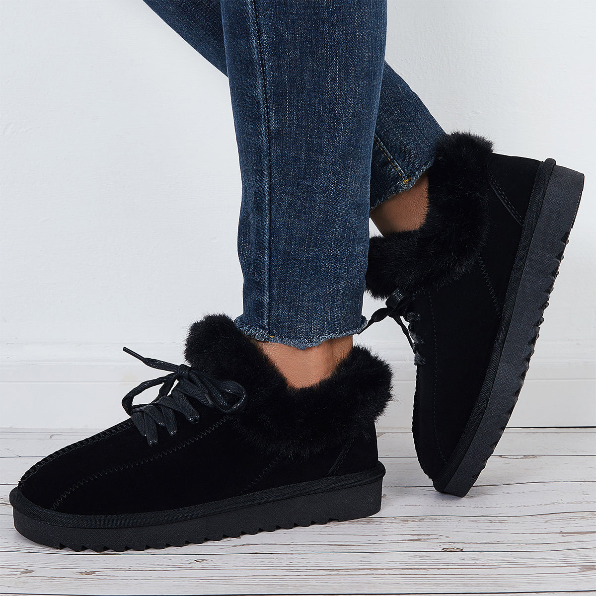 Warm Lace Up Flats Plush Faux Fur Lined Snow Ankle Boots
