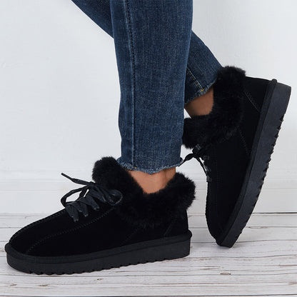 Warm Lace Up Flats Plush Faux Fur Lined Snow Ankle Boots