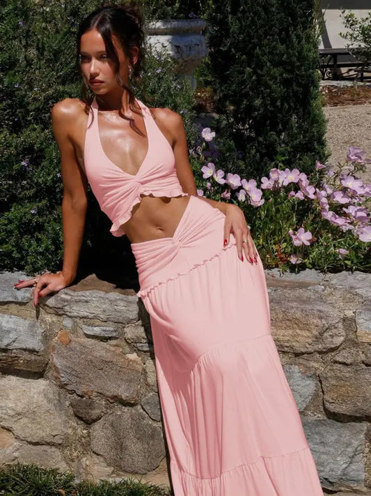 Trendy Plunge Neck Swimsuit Set - OutfitLondon
