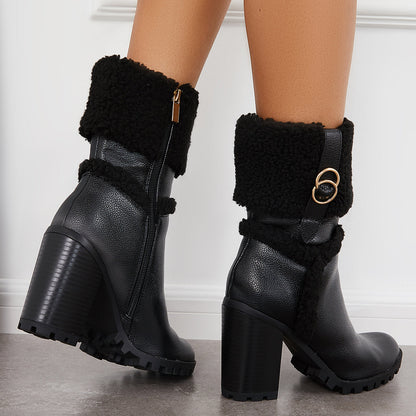 Fur Lined Ankle Snow Boots Side Zipper Chunky Heel Booties