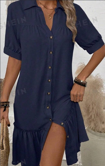 Women's Elegant Button-Up Ruffle Hem Dress
