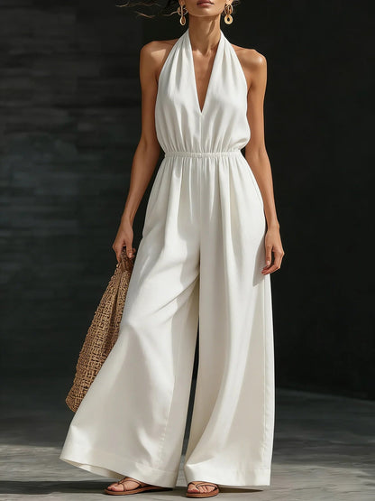 Women's Stylish V-Neck Halter Neck Wide-Leg Jumpsuit
