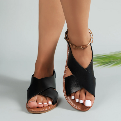Women Roman Cross Strap Leather Flat Sandals